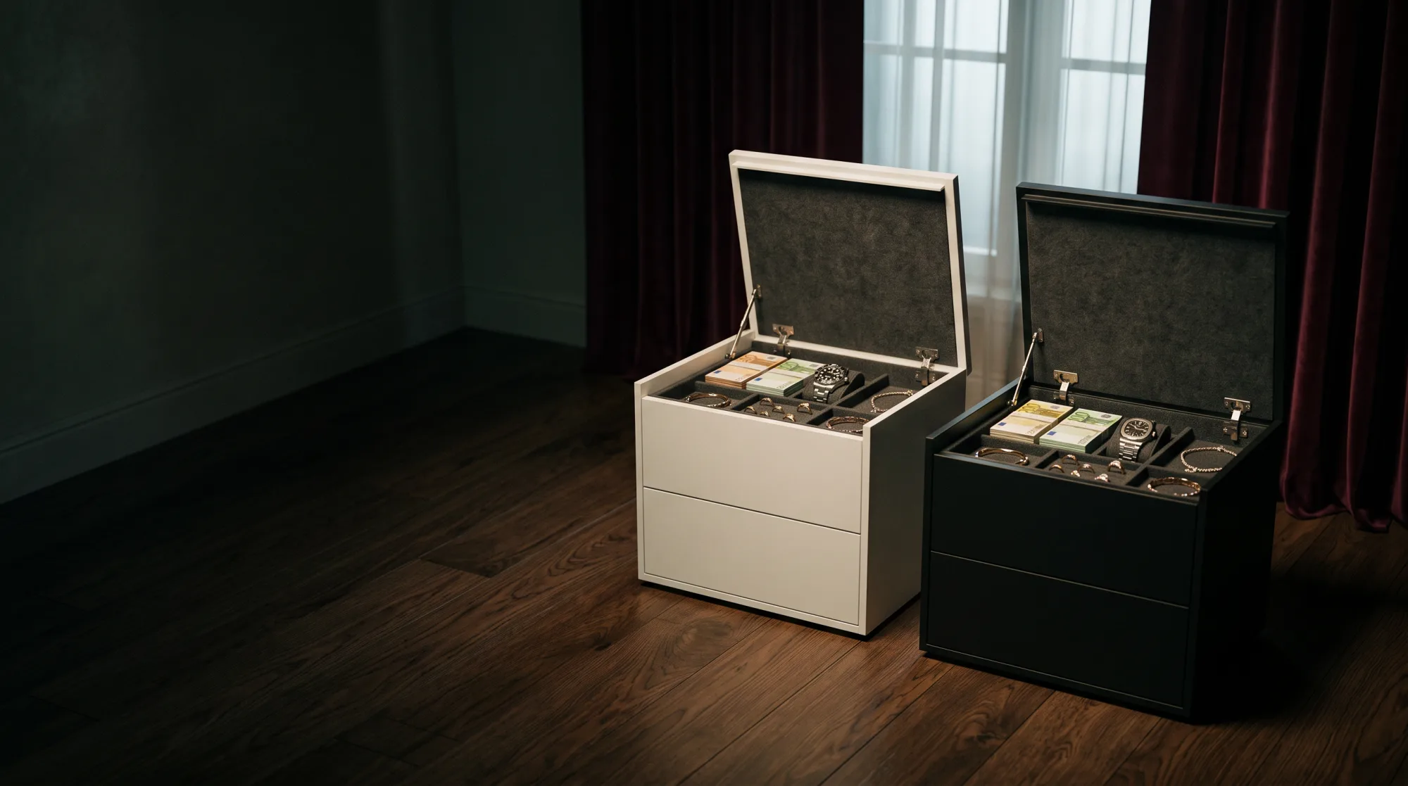 Deux chevets, blanc et noir, ouverts sur leurs compartiments secrets remplis de billets et de montres